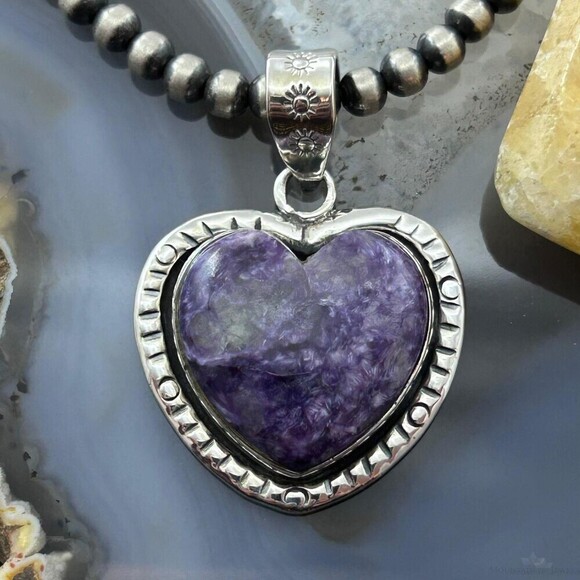 Sterling Silver Southwestern Style Charoite Decorated Heart Pendant For Women #1